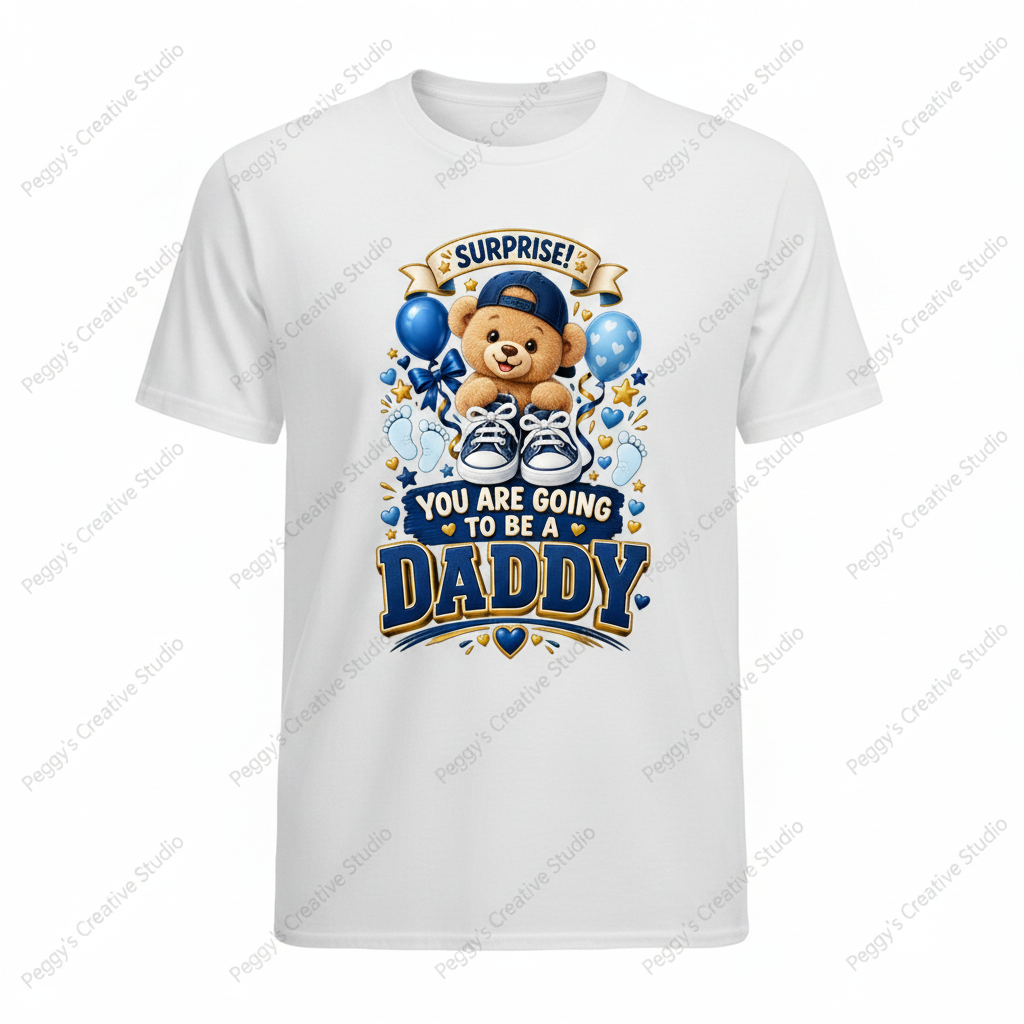 White men's t-shirt with Surprise You Are Going To Be A Daddy blue cap teddy bear and navy gold heat press graphic