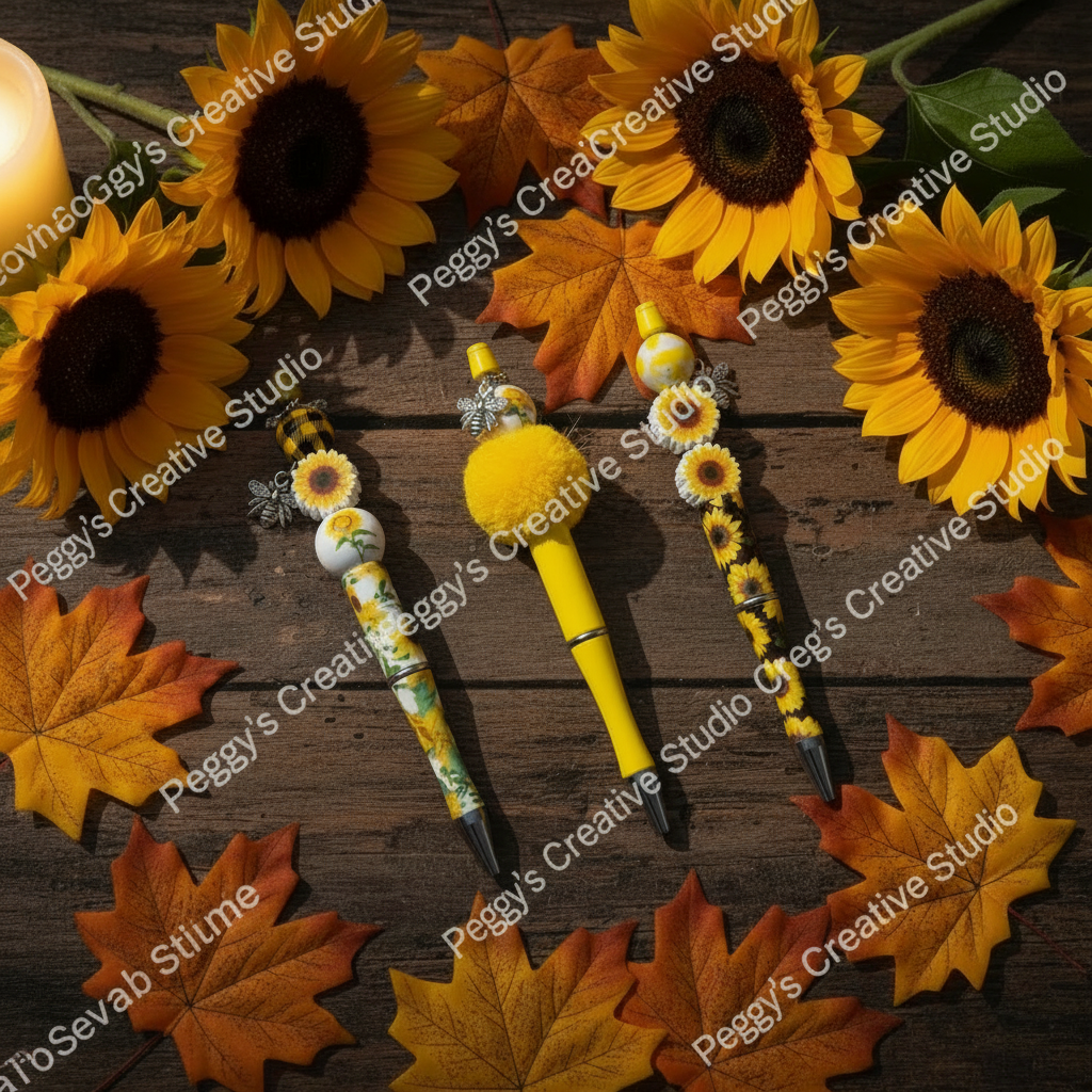 Three handmade sunflower beaded pens with bee charms on dark rustic wooden surface surrounded by deep autumn leaves in moody fall lighting