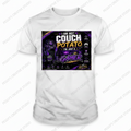 White men's t-shirt with I Am Not Couch Potato I'm Just A Gamer purple and gold heat press transfer graphic on front
