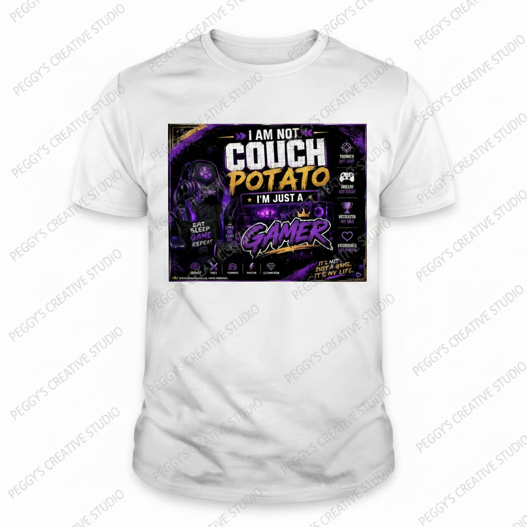 White men's t-shirt with I Am Not Couch Potato I'm Just A Gamer purple and gold heat press transfer graphic on front