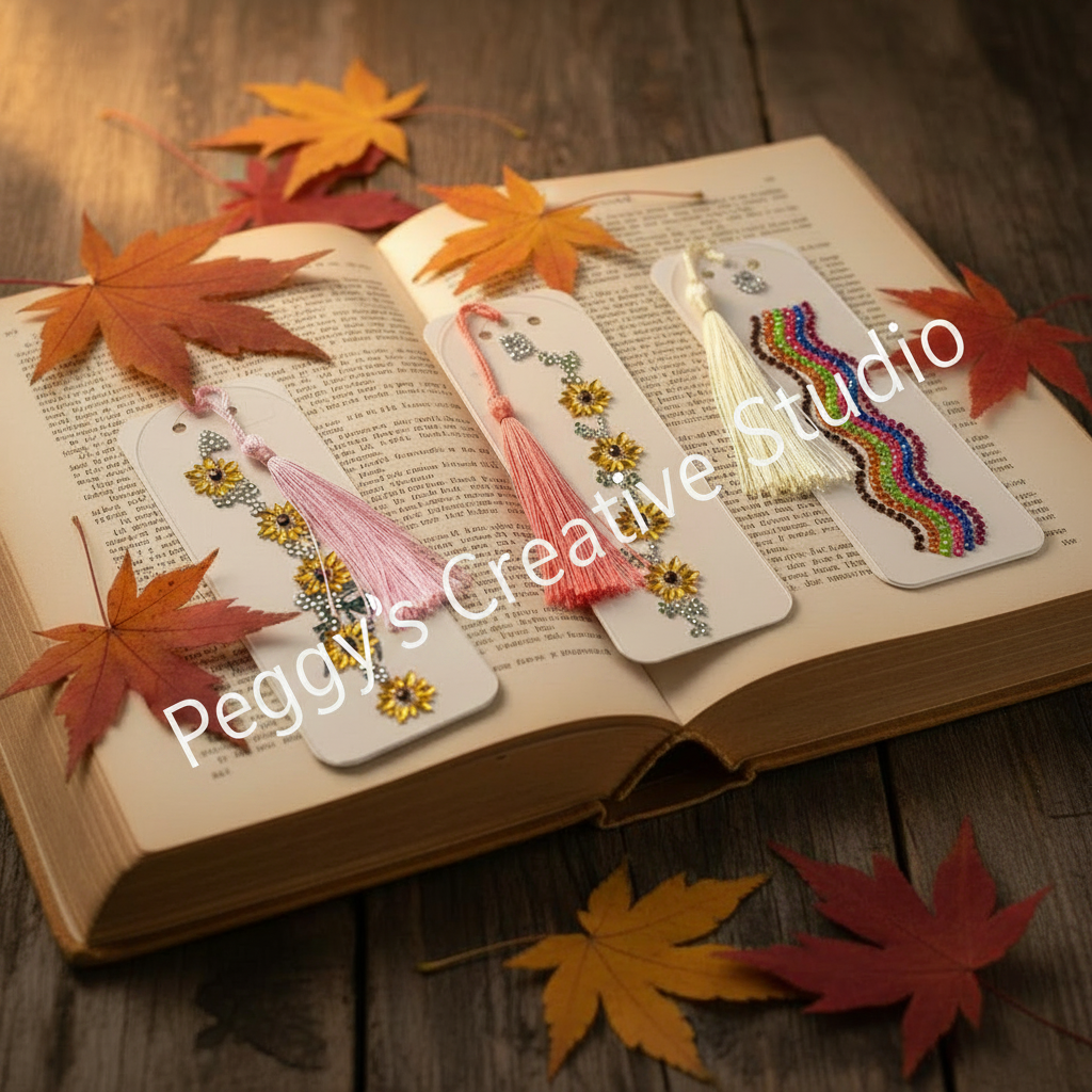 Three handmade diamond art bookmarks with tassels displayed on an open book with autumn maple leaves