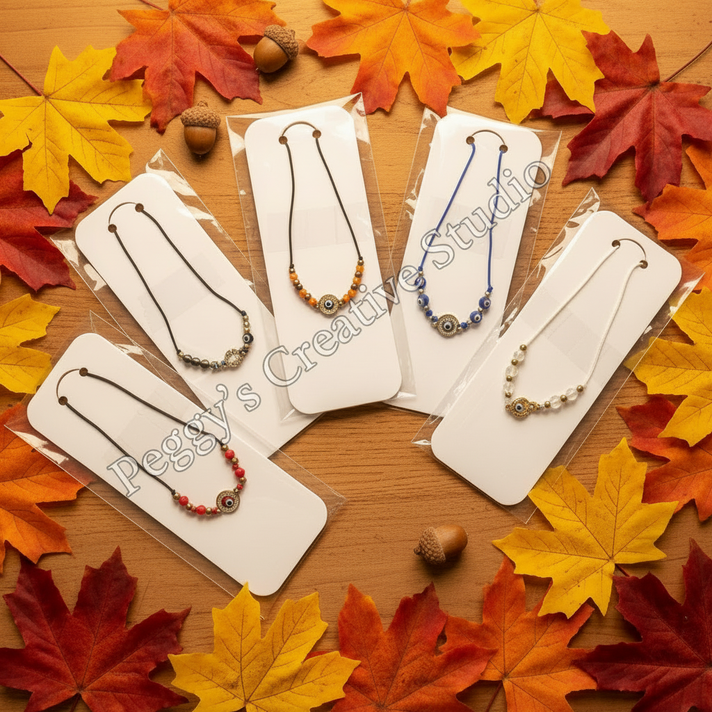 Handmade beaded evil eye bracelets on display cards surrounded by autumn fall leaves on rustic wooden surface