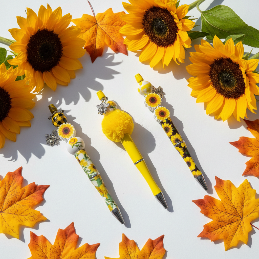 Three handmade sunflower beaded pens with bee charms surrounded by autumn leaves and fresh sunflowers on bright white surface