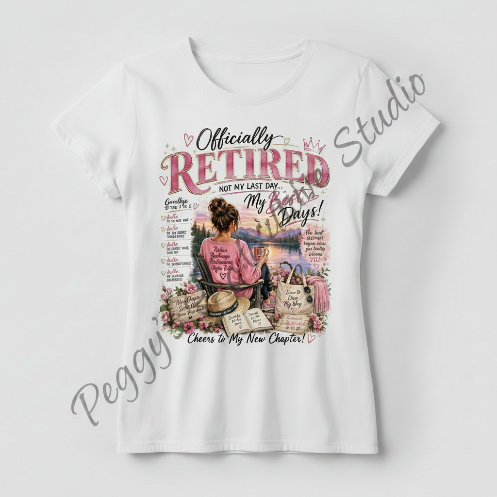 White women's t-shirt with Officially Retired Not My Last Day My Best Days pink and black heat press transfer graphic on front