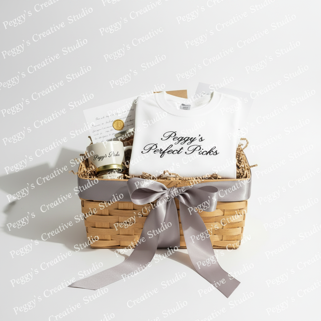 Peggy's customized gift basket with t-shirt - clean and modern