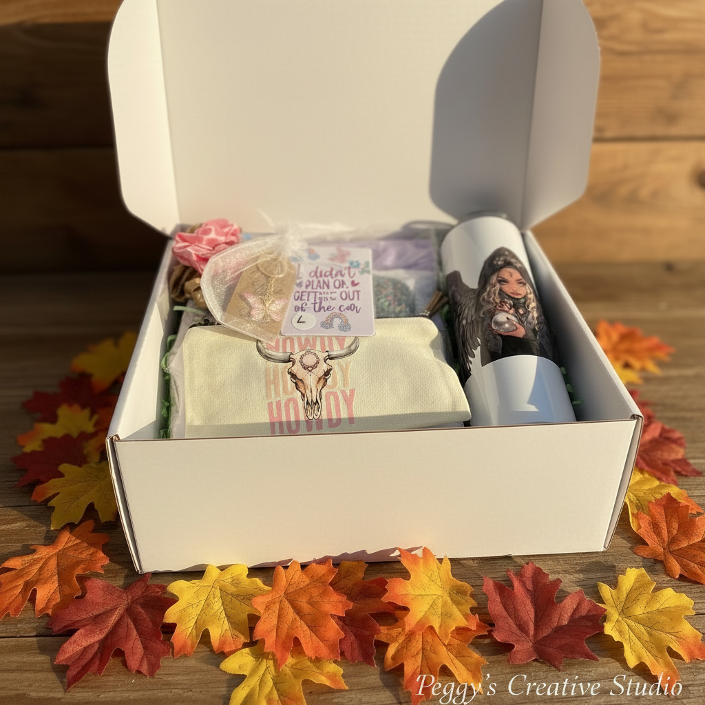 Luxe gift box with Howdy pouch, tumbler, butterfly keychain and accessories surrounded by autumn fall leaves