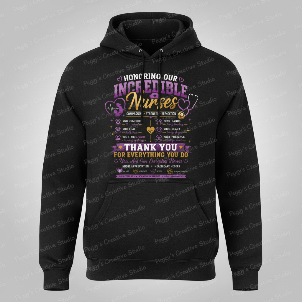 Black pullover hoodie with Honoring Our Incredible Nurses purple and gold graphic design on the front