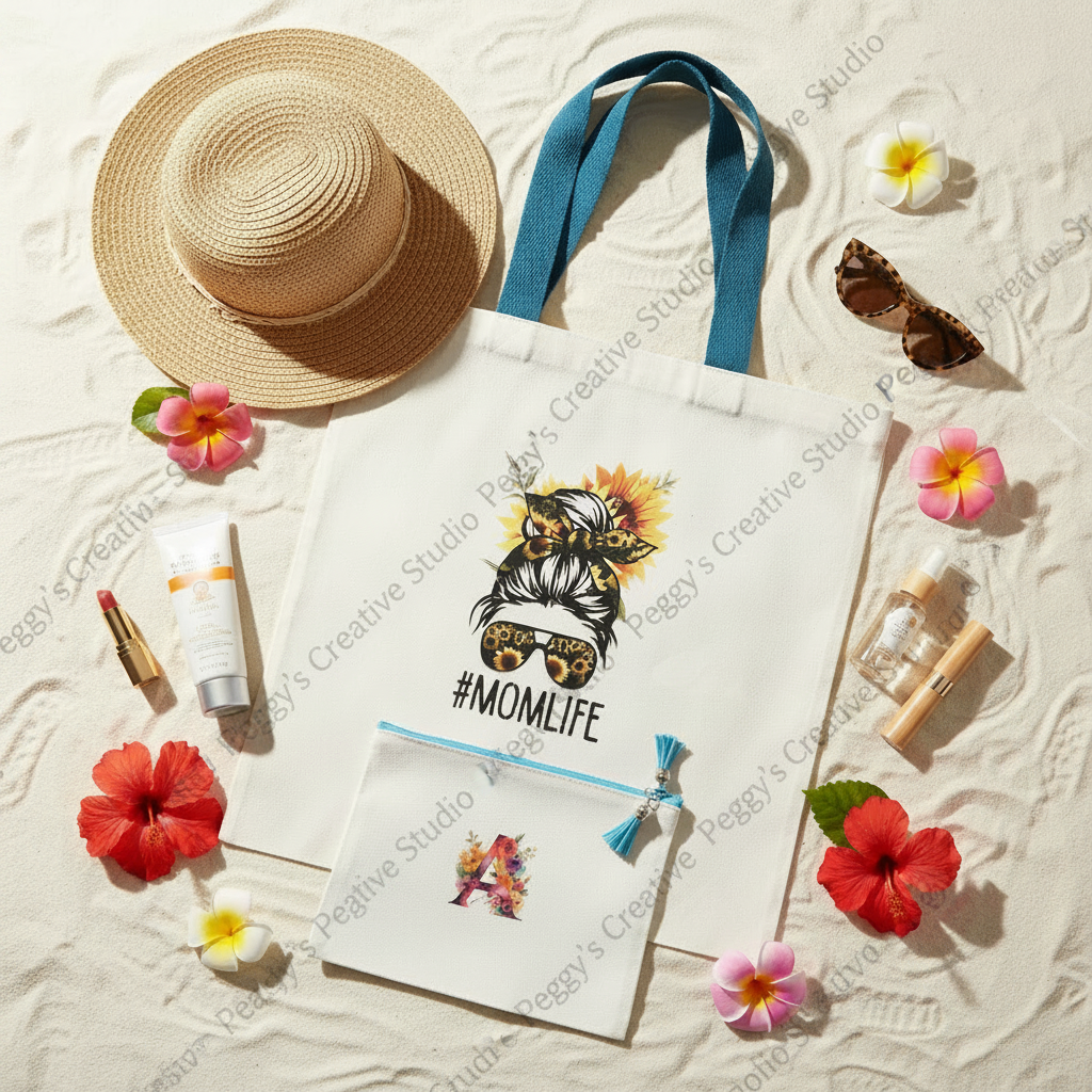 MomLife tote bag and personalized initial cosmetic bag displayed on sunny beach with straw hat, sunglasses and makeup items