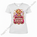 White women's t-shirt with Promue Grande Sœur Bébé Arrive Bientôt pink and gold crown teddy bear heat press graphic on front