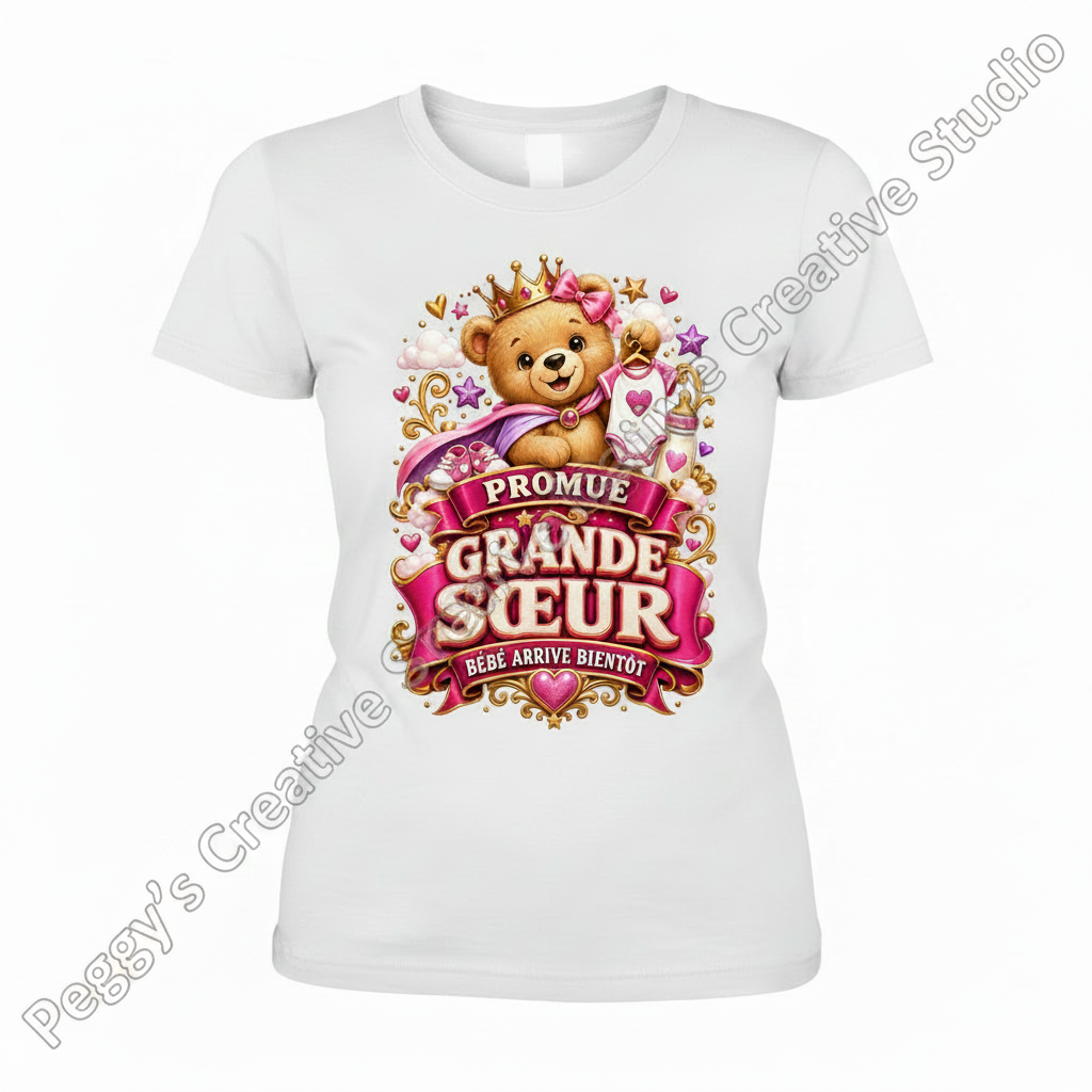 White women's t-shirt with Promue Grande Sœur Bébé Arrive Bientôt pink and gold crown teddy bear heat press graphic on front