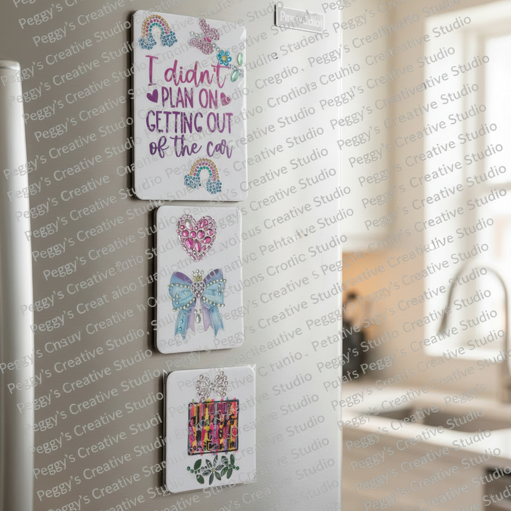 Three handmade decorative magnets displayed on a clean white stainless steel fridge door in a bright kitchen
