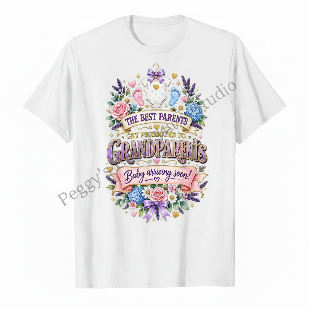 White unisex t-shirt with The Best Parents Get Promoted to Grandparents Baby Arriving Soon purple and gold floral heat press graphic