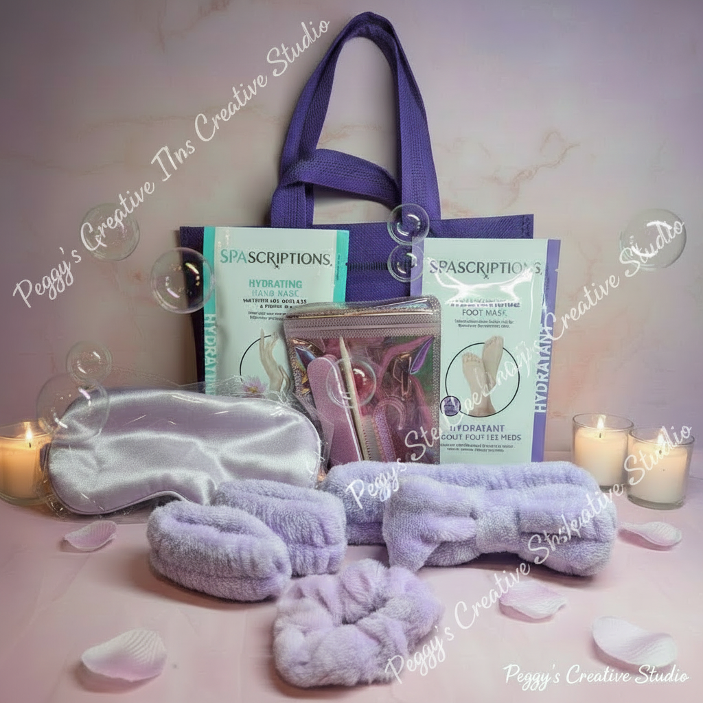 Girls spa night kit with purple tote, face masks, sleep mask, headband, scrunchies and nail tools with subtle bubbles and flower petals