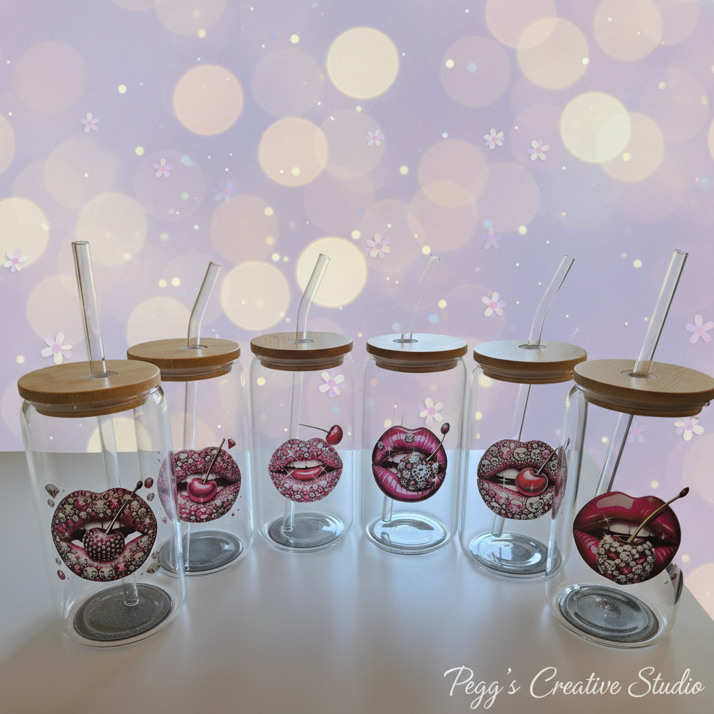 Clear glass tumblers with cherry and lip designs photographed with a matching product background