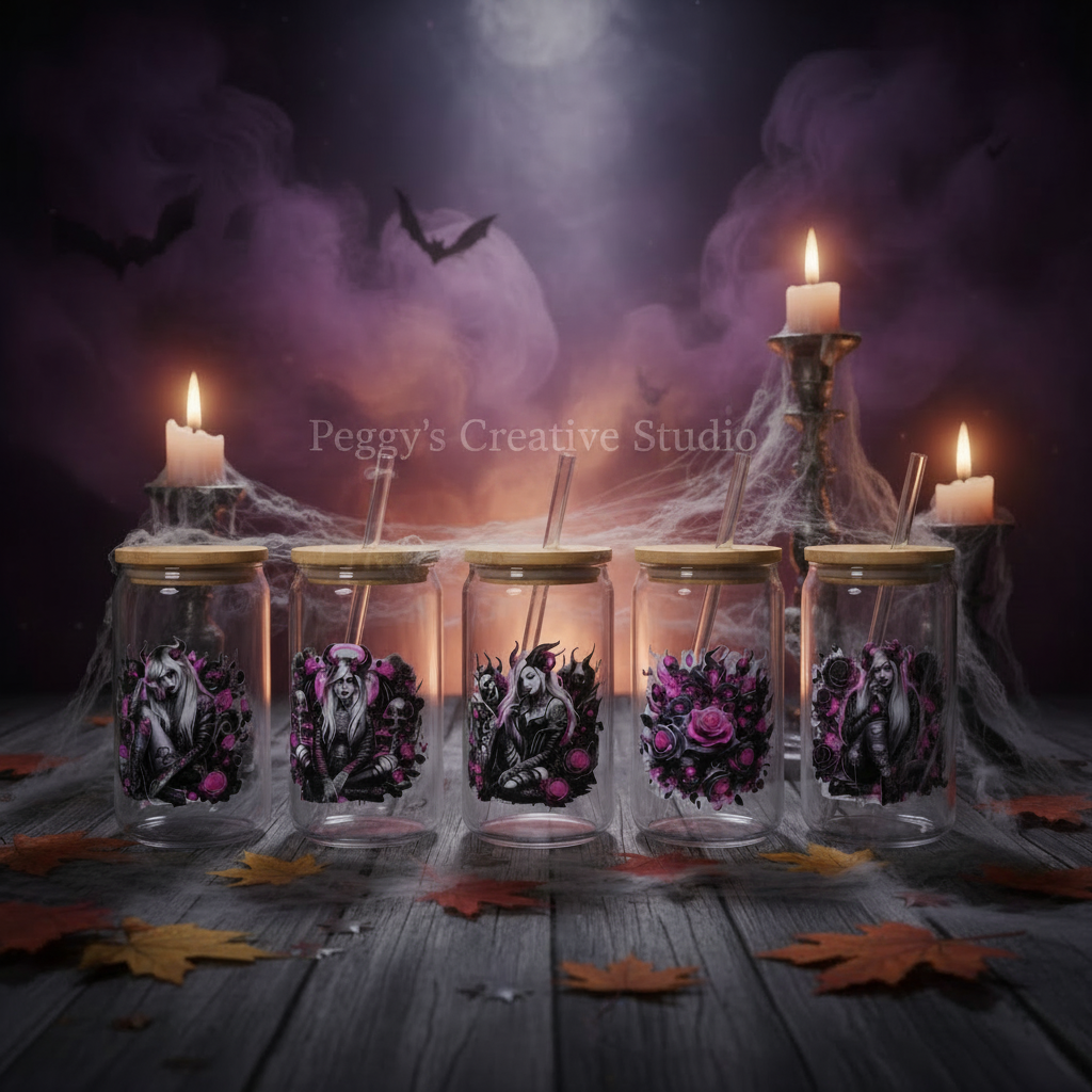 Six glass can tumblers with bamboo lids in a spooky Halloween atmosphere with spider webs, candles, fog and bats