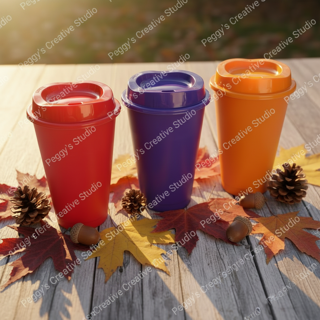 Three colorful plastic tumblers in red, purple, and orange surrounded by natural fall leaves and autumn elements