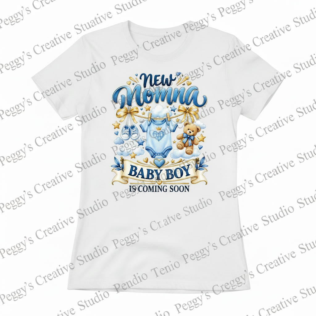 White women's t-shirt with New Momma Baby Boy Is Coming Soon blue onesie teddy bear and gold heat press graphic