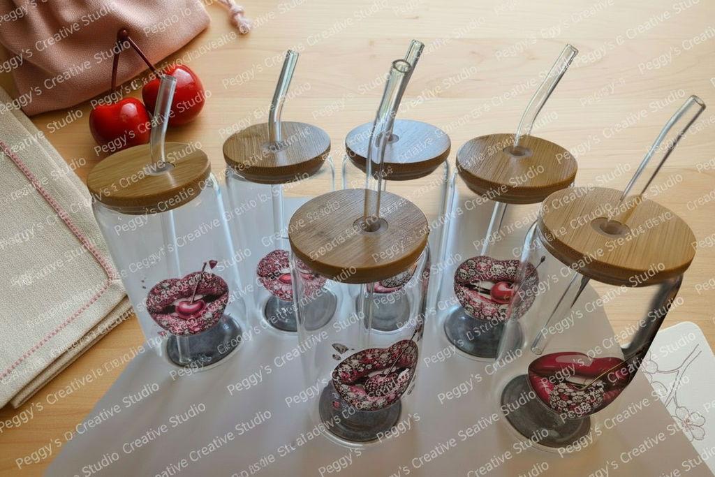 Cherry and lip glass tumblers photographed with a matching blush and cherry background