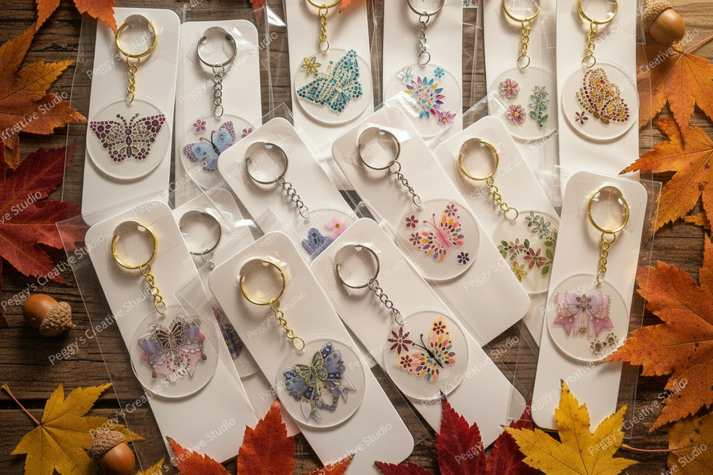 Handmade butterfly keychains surrounded by autumn maple leaves and acorns on rustic wooden surface