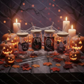 Halloween glass can tumblers with bamboo lids surrounded by glowing pumpkins, autumn leaves, spider webs and spooky fog