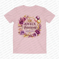 Soft pink women's t-shirt with Joyeux Anniversaire purple and gold roses crown and balloons heat press transfer graphic on front