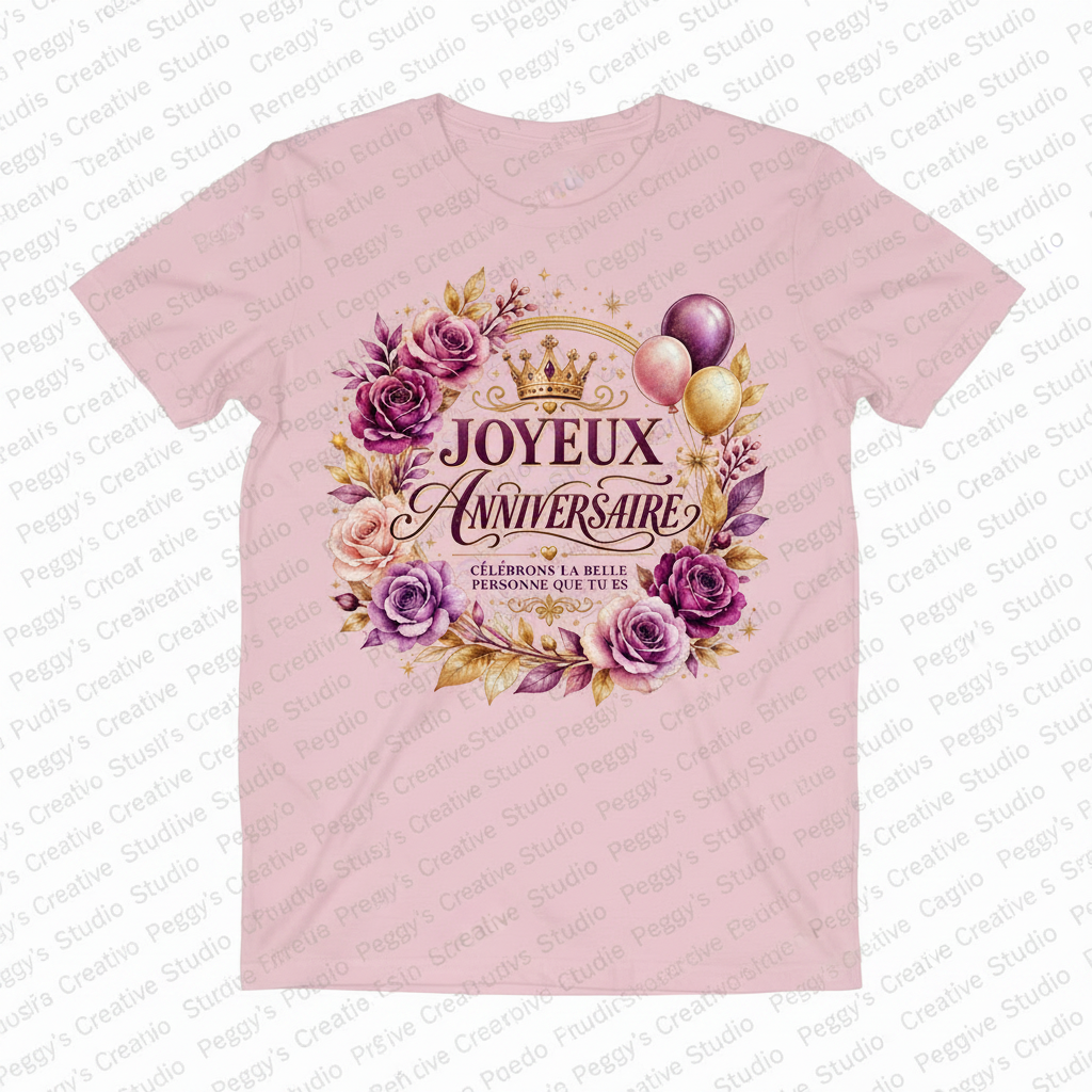 Soft pink women's t-shirt with Joyeux Anniversaire purple and gold roses crown and balloons heat press transfer graphic on front