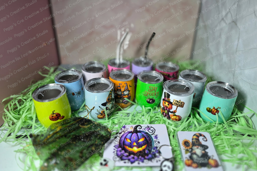 Collection of 3oz mini stainless steel tumblers with Halloween designs